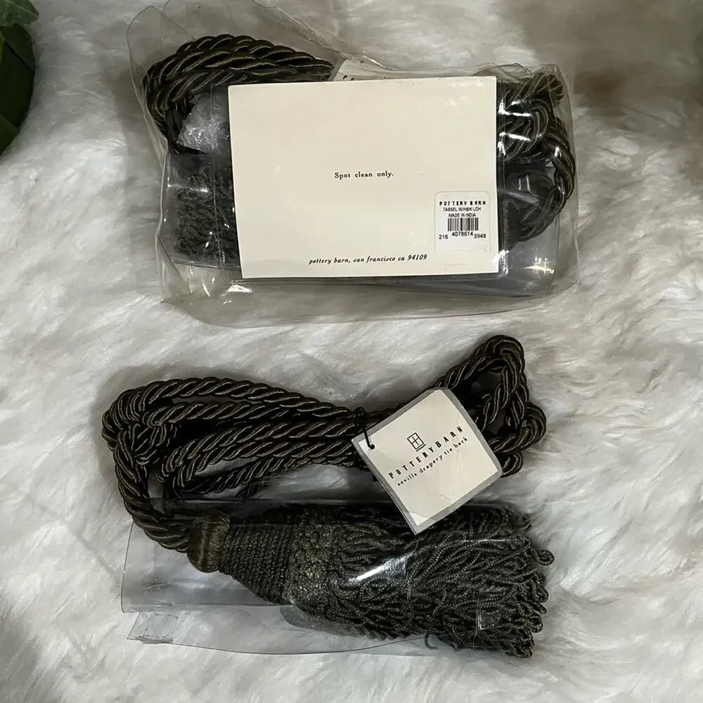 NEW Pottery Barn Seville Set 2 Tassel Drapery Tie Back + Hook Lichen Green NWT
